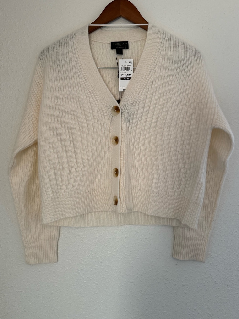 NWT Charter Club 100% Cashmere Cream Shaker Knit Cardigan Petite Small